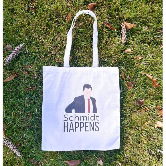 New Girl Tote Bag Schmidt Happens Quote White Large Reusable 16" x 15" - Picture 1 of 2